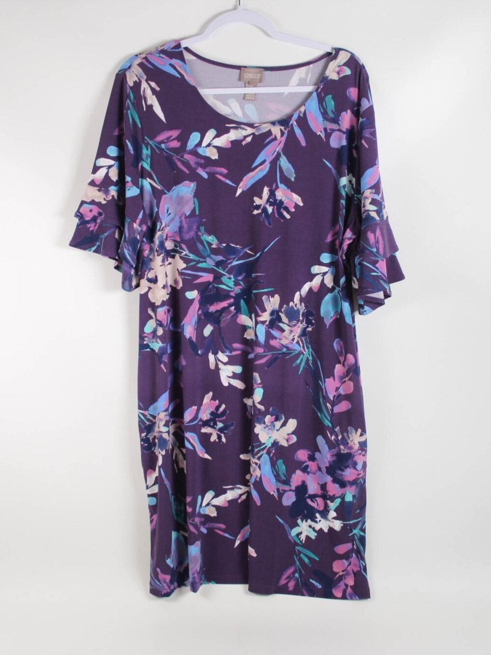Chico’s Floral Dress Purple Blue Ruffle Sleeve XL 3